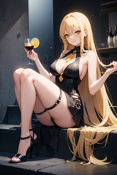 1 crouching adult woman, long blonde hair, yellow eyes, big breasts, black dress, short black skirt, high heel, open smiling face, drinking a glass of milk, full body image