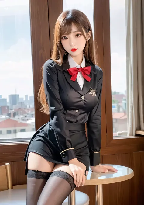 Photorealistic, Hanfu Chinese female celebrity office lady wearing a white blouse and black pencil skirt, red lips, long silky brown hair, perfect bangs, eye shadow, attractive beauty, long black eyelashes, black eyeliner, seductive young skinny woman、pret...