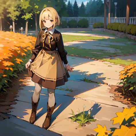 ( High Quality ,  high definition , Very detailed, reality:1.37), Peaceful atmosphere, (Outdoor, garden ,autumn),  teenage girl standing alone, Beautiful details,  cute smile, (Blonde Bob ), ribbon,Ribbed sweater,Brown skirt, Black tights,  brown boots .