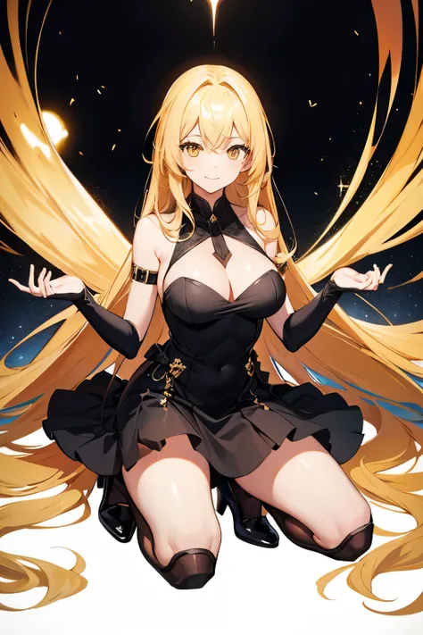 1 crouching adult woman, long blonde hair, yellow eyes, big breasts, black dress, short black skirt, high heel, open smiling face, full body image