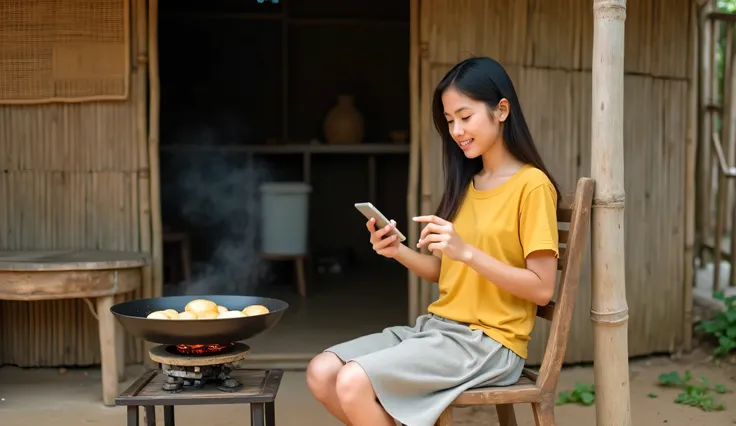 ((ultra-realistic photo)) [A beautiful 19-year-old Indonesian girl with a clean and natural complexion is wearing a casual yellow t-shirt and a simple skirt. She is sitting on a wooden chair in front of her modest rural home, which features walls made of w...