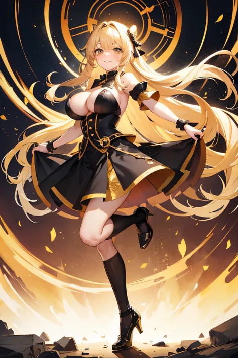 1 crouching adult woman, long blonde hair, yellow eyes, big breasts, black dress, short black skirt, high heel, open smiling face, full body image