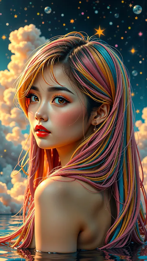 (Japanese girl:1.3), beautiful detailed eyes, beautiful detailed lips, extremely detailed eyes and face, long eyelashes, upper body, from side, looking at viewer, (fractal art:1.3), (rainbow color hair, colorful hair, half pink and half gold hair:1.2), wat...