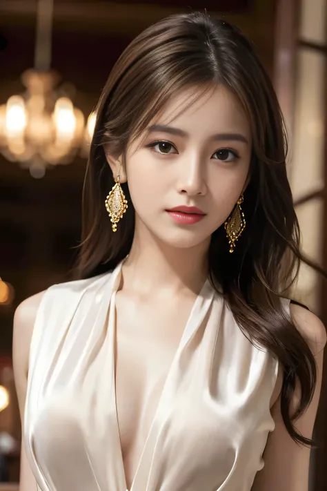 masterpiece, Highest quality, Realistic, Very detailed, Finer details, High resolution, 8k wallpaper, One beautiful woman, Wear an elegant silk shirt, In a great restaurant, At night, Light brown messy hair, Perfect dynamic composition, Beautiful and beaut...