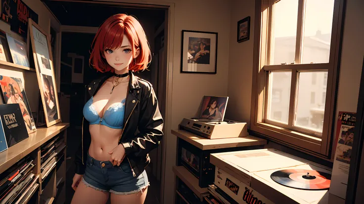 21 year old girl, 
short red hair, big eyes, sweet smile, small breasts, thin hips,
choker, black unzipped unbuttoned jacket, blue bra, cleavage, jean shorts,
record store, vinyl,
open door, open window, 
dramatic lighting, cinematic lighting, 