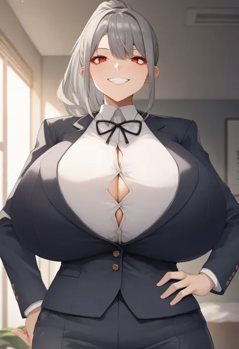 score_9, score_8_up, score_7_up, source_anime, 1girl,red eyes,smile, room, ponytail,grey hair, portrait,hand on hip,  blazer, gigantic breasts, by chomikuplus   