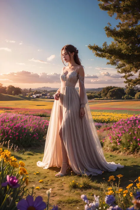 Beautiful girl standing in a colorful meadow at golden hour, surrounded by vibrant flowers, dreamy atmosphere, detailed digital painting, artstation trending, artist inspired by Alena Aenami and Loish, 4k resolution, soft pastel color palette, ethereal lig...