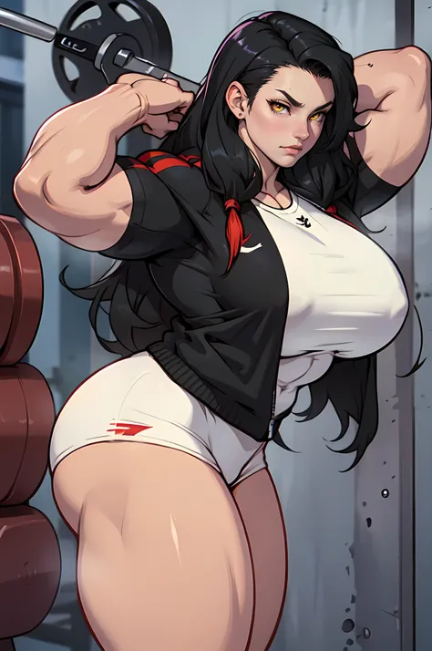 disgust girl ((MASSIVE FEMALE BODYBUILDER)) MASSIVE BREASTS huge thighs pale skin black hair yellow eyes girl