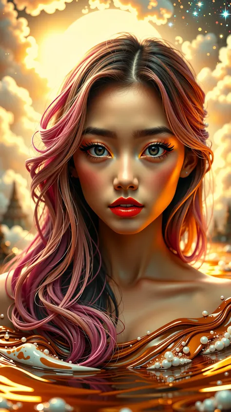 (Japanese girl:1.3), beautiful detailed eyes, beautiful detailed lips, extremely detailed eyes and face, long eyelashes, upper body, from side, looking at viewer, (fractal art:1.3), (rainbow color hair, colorful hair, half pink and half gold hair:1.2), wat...