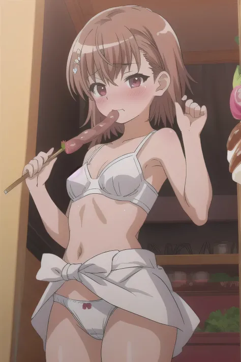  マスターピース , 8k,
nsfw. Draw from the waist up. She is holding a thick sausage on a skewer with both hands and biting into it. One woman. She is wearing a plain white bra. Beautiful small breasts. wearing white panties, she blushes shyly. 