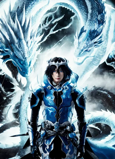 a close up of a person standing in front of a dragon, human and dragon fusion, masamune, epic realistic style, blue eyes white dragon, shirow masamune, god of dragons, black dragon.graphic detail.