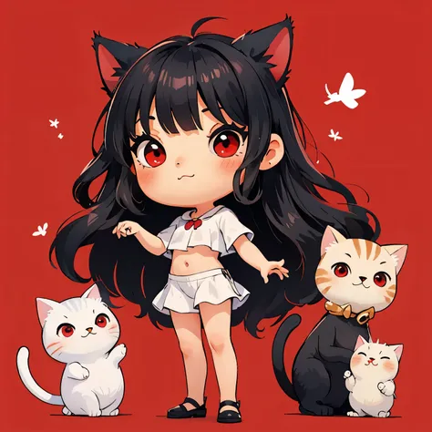 ( masterpiece ,  better quality :1.2),
1 girl,    Chibi, black hair,  straight bangs , cat ears, red eyes,     full body,  simple background , fondo blanco, 