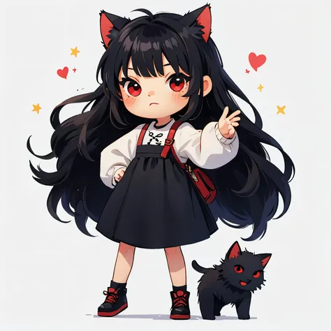 ( masterpiece ,  better quality :1.2),
1 girl,    Chibi, black hair,  straight bangs , cat ears, red eyes,     full body,  simple background , fondo blanco, 