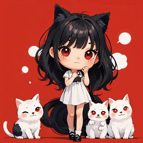 ( masterpiece ,  better quality :1.2),
1 girl,    Chibi, black hair,  straight bangs , cat ears, red eyes,     full body,  simple background , fondo blanco, 