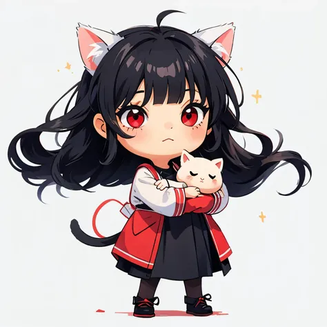 ( masterpiece ,  better quality :1.2),
1 girl,    Chibi, black hair,  straight bangs , cat ears, red eyes,     full body,  simple background , fondo blanco, 