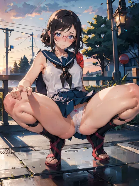 anime - style illustration of a woman in a high school outfit, sleeveless shirt:1.5, anime character, official character art, feminine, full body, female anime girl, (spread legs and squatting Posing:1.5), parted bangs, glasses, (tanned:1.0), looking at vi...