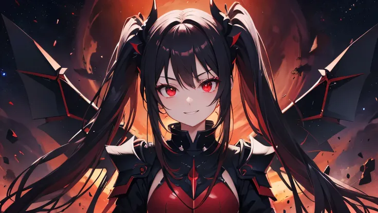 Head-on view , Beautiful Demon , Black Twintail   , Red Eyes  , Black Iron Knight Armor , Wings,  Crimson Red Galaxy Scenery , Night  , Smile Evil Expression