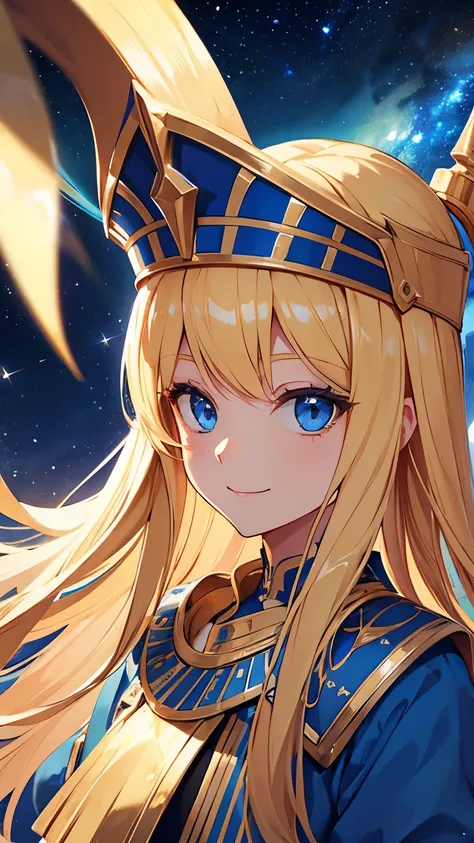 Head-on view , Beautiful Queen Blonde Long Haired   , Blue Eyes , Pharaoh hat  , Blue Galaxy Scenery , Night , Smile Evil Expression