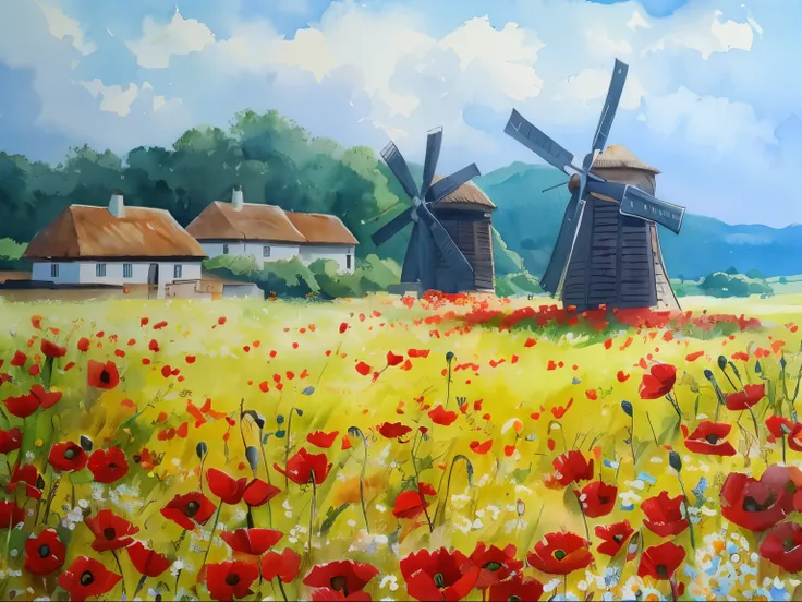 The painting depicts a picturesque scene of a rural landscape with traditional houses, windmills, and a field of vibrant red poppies and white flowers under a partly cloudy sky，watercolor style.