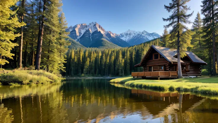 Log cabin in the woods witha beautiful back drop with trees and a lake