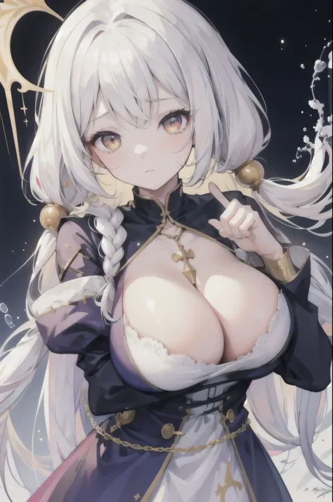 1 woman, (((High quality))), ((masterpiece)), (bright),  white hair , Golden eyes,  Shy Face , flushing,  pigtails , White Priests Clothes ,  medieval fantasy,  Sacred Background, sacred, A two-pronged daughter has hair, Braided Hare , portrait, Saintess 옷...