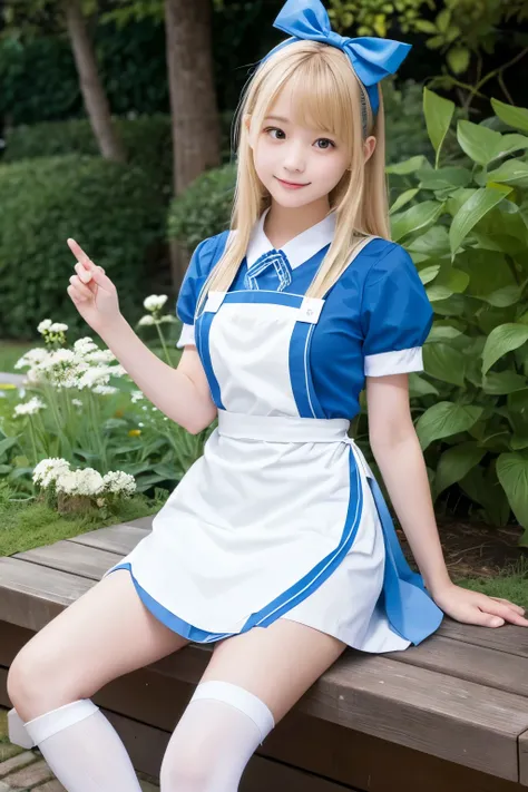 Fantastic Alice Japanese illustration, 8th grader, small chest, blue miniskirt, white apron with a yellow slit underneath, blue pampas, long white socks, long blonde hair, long green ribbon, blue ribbon on the chest, black ribbon on the chest, ring on the ...