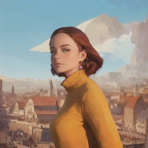 there is a woman standing in front of a painting of a city, in front of a fantasy city, matte painting portrait shot, inspired by mads berg, town in the background, inspired by Stevan Dohanos, illustration matte painting, stylized urban fantasy artwork, mo...