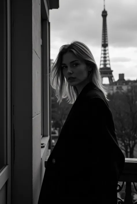 black and white portrait photography, Vogue photoshoot, deep shadows, low light ,close up half body shot of a Danish female supermodel wearing only an overcoat posing, Paris fashion, standing on a terrace in Paris, very close to Eiffel tower in the backgro...