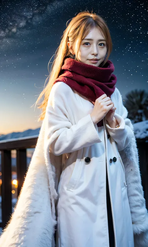 (  Snow is falling、 blue eyes、 blue eyes、white winter clothes、Admire the night sky in a frigid region、Im wearing a fluffy red scarf、Her breath is white expression 、A woman looking at the starry sky、 Night Background 、that&#39;Outside at night)、(    plump b...