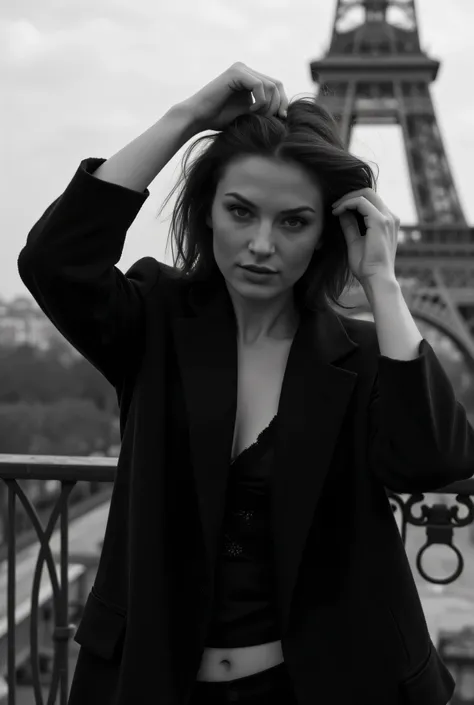 black and white portrait photography, Vogue photoshoot, deep shadows, low light ,close up half body shot of a Danish female supermodel wearing only an overcoat, arms up tying her hair, cleavage visible, posing sexily, Paris fashion, standing on a terrace i...