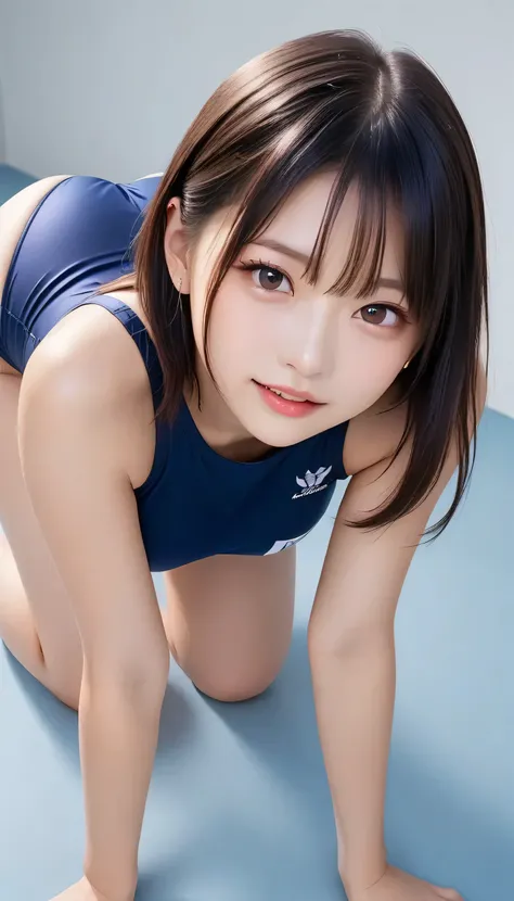  score_9,  score_8_up,  score_7_up, super detailed, Hausmo style  , 32K,  masterpieces during breakfast , top quality, super high definition ,nsfw, official art,Big Breasts、 on all fours, トップダウン・ボトムup, split leg forward bend, angle from behind 、 School Swi...