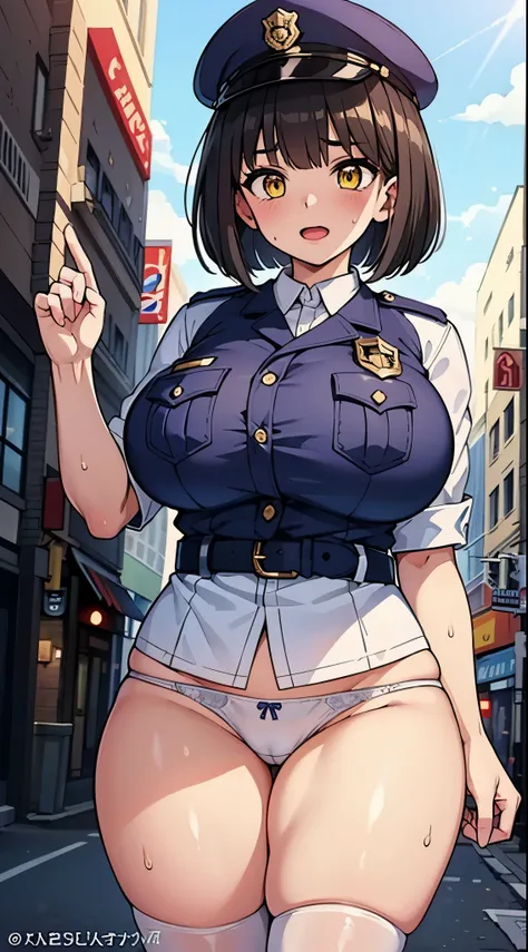 ( perfect body), top quality,( 8K Portrait ),( official art)、(((Muscular)))、(Police hat)、Surprised、 one girl 、  photo showing test style  、((thick thighs))、:THE、Wavy Mouth,(sweat),(((( big breasts))))、( big butt )、 thick thighs、(dark hair),(( bob cut )), s...