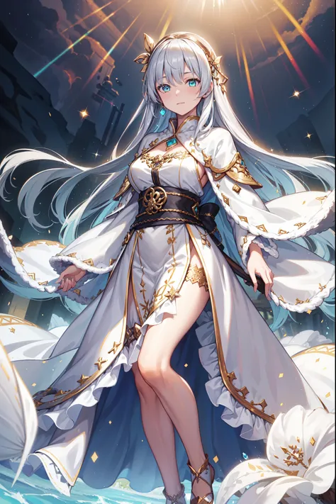 (  This is the best quality ,4K,8K,   high resolution, masterpiece :1.2),     Super Detailed   ,  girl ，Holy，(   silver white hair  )， obsessed， Have fun  ，   unique  ，blue cloak, brown hairband, cloak, dress, fur trim, hairband, royal robe, sash, tachi-e,...