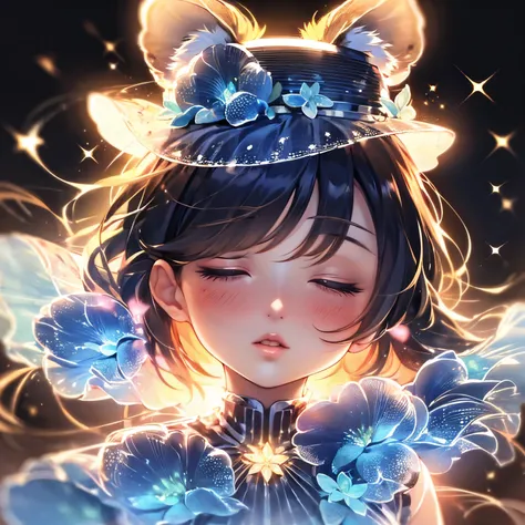  1 girl,  hair to hide one eye, Black hair、There are hanging rabbit ears on the hat、Beautiful eyes and lips.  (((chibi style,))) . The image quality is excellent,   very long hair, Animal ears loli, tooth,  simple background,  with flowers on the head, 