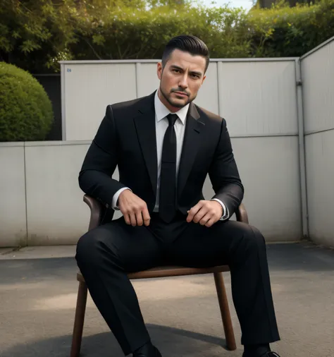 33-year-old man ,  black suit、 black tie、 black slim pants、mafia、Vacant lot、 Sit on a stand chair、カッコイイ battle pose、  have bulging crotches ,Gay , , short hair, smooth hair、 stubble,　Refreshing Japanese、Shocker&#39;s Belt。Black socks　 battle pose　 upper bo...