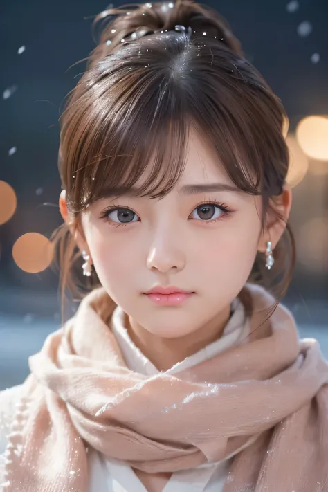 one girl, (a beauty girl, delicate girl:1.3), (18-year-old:1.3),photograph、
break, software, very fine resolution、(scarf, :1.3),blush、blush your cheeks、earrings、
break, (symmetrical eyes:1.3),Night station platform、illumination、
break, (snow scene:1.3),((p...