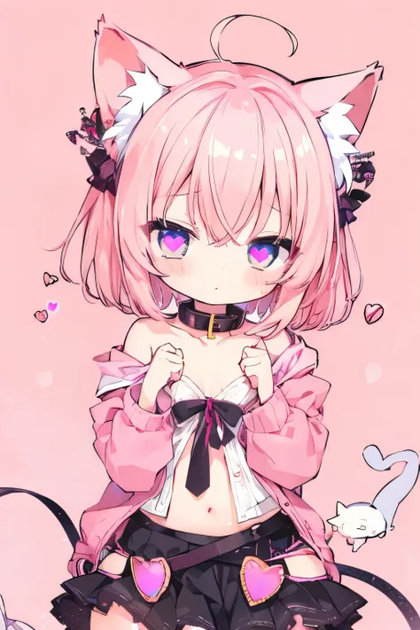  anime style, cute girl, ( heart shaped eyes:1.5), waist cardigan   、 waist cardigan  ,    light pink hair    ,So beautiful、輝く瞳 、輝く瞳、   1 girl、  small breasts、 Wearing a collar 、cat ears、(((((  ))))))、heart❤、((sweat、vapor)）,cat ears、Panties