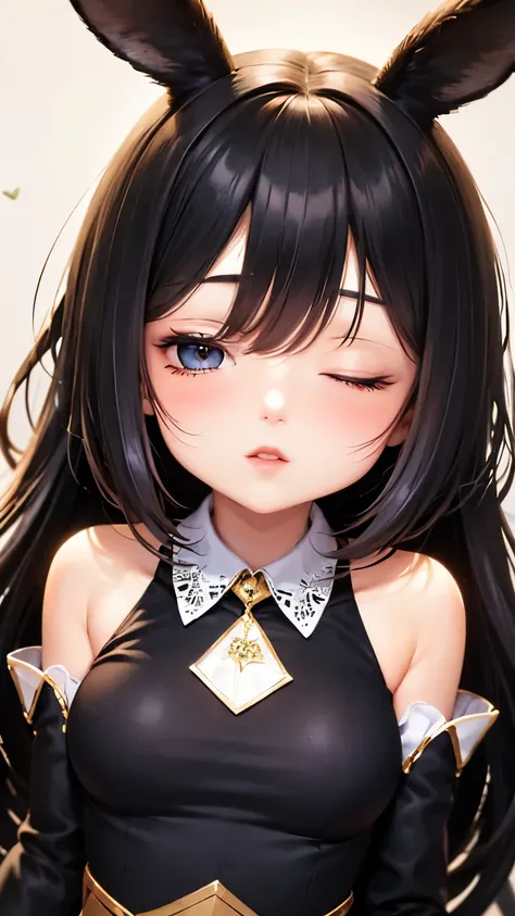  1 girl,  hair to hide one eye, Black hair、There are long rabbit ears hanging over the hat、Beautiful eyes and lips.  (((chibi style,))) . The image quality is excellent,   very long hair, Animal ears loli, tooth,  Fantastic Backgrounds, 