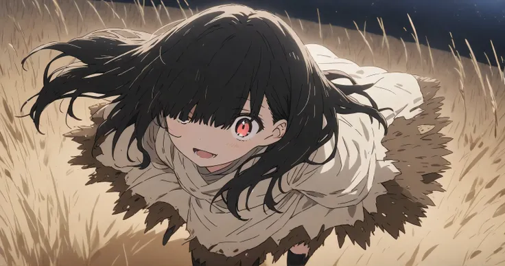 Night desert　 Girl with Long Black Hair　 hide one eye 　 skirt with open pupils 　 tattered white clothes　 scenery main 　anime