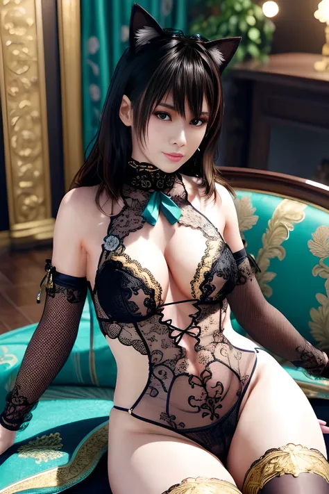 A highly detailed 3D-rendered female character with teal long hair and cat ear accessories, wearing a sheer lace bodysuit adorned with floral patterns and golden details. The character is posed elegantly against a luxurious indoor setting with soft warm li...