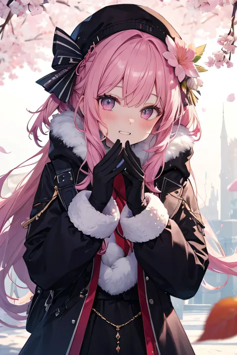 happy girl ( showing teeth), standing,  pink hair color,  mmorpg background ,  mmorpg background (Snowing), complete anatomy,   graphic effects ,  ornament of a flower-shaped accessory on the head, aura, clothes for winter, umbrella, guantes para el cold, ...