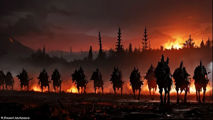 A hauntingly detailed depiction of a skeletal army marching under a blood-red sky. The skeletons are clad in decayed armor, with glowing red eyes and weapons of rusted metal. The ground beneath them is cracked and covered in ash, as if scorched by fire. Th...