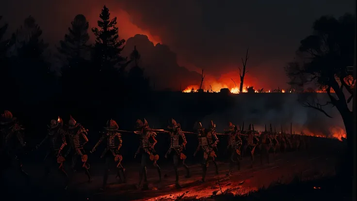 A hauntingly detailed depiction of a skeletal army marching under a blood-red sky. The skeletons are clad in decayed armor, with glowing red eyes and weapons of rusted metal. The ground beneath them is cracked and covered in ash, as if scorched by fire. Th...