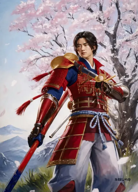 a painting of a man in a red and blue outfit holding a sword, masamune shiro, sengoku - era art style, taisho roman, masamune, inspired by Tomioka Tessai, from sengoku period, traditional japanese concept art, clothed in old samurai uniform, handsome guy i...