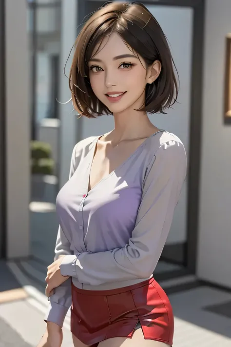 (1 Ultimate Beautiful Mature Woman),  very detailedな顔,  beautiful brown eyes,  double eyelids , detail lip ,  has short black hair , (Light purple blouse:1.2), ( red tight mini skirt :1.4), ( Big Breasts ), smile, Thighs,   perfect lighting  , ( realistic ...