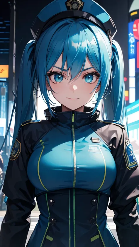 Head-on view , Beautiful Blue Twintail Haired Soldier   , Green Eyes   Police Cap, Cyberpunk City  , Blue Neon Light , Focus her Upper Body  , Smile Evil Expression