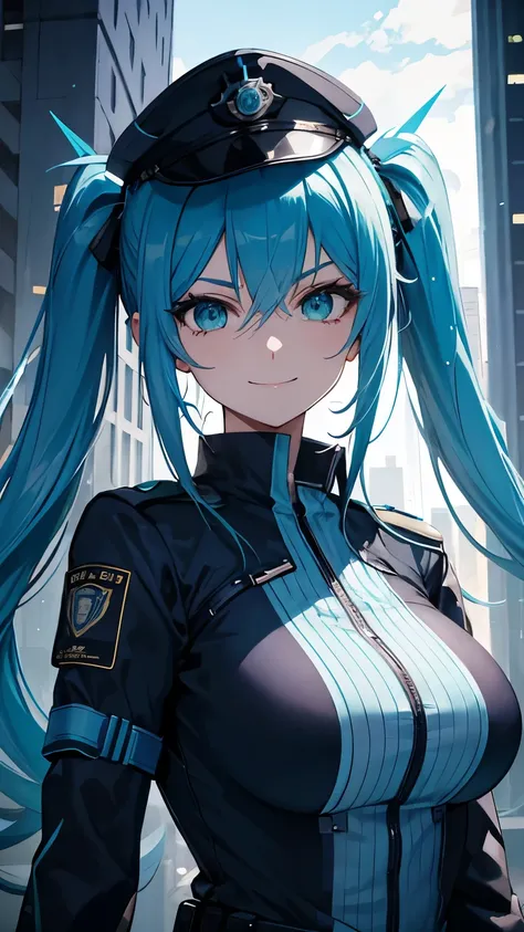 Head-on view , Beautiful Blue Twintail Haired Soldier   , Green Eyes   Police Cap, Cyberpunk City  , Blue Neon Light , Focus her Upper Body  , Smile Evil Expression