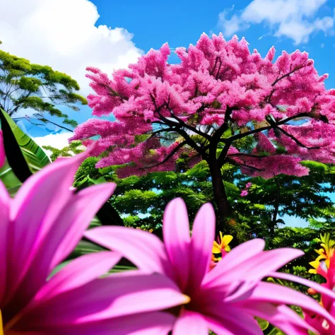 yellow and pink flowers are blooming on a tree with green leaves, a picture by Charles Billich, flickr, hurufiyya, blooming tropical flowers, plumeria, tropical flowers, beautiful tropical flowers, incredibly beautiful, tropical flower plants, kauai spring...