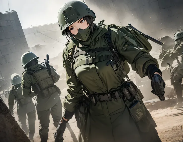 Five female soldiers stand guard with guns in a military camp、 wearing special helmets ，Wear a dark green jacket and military uniform、 Magazine Pouch、Tactical shoulder strap、Knee pads，Tactical gloves、Write details、masterpiece、 is the best quality、High prec...