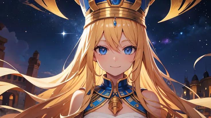 Head-on view , Beautiful Queen, Long Blonde Haired  , Blue Eyes , Pharaoh Hat  , Scenery Ancient Egyptian City , Night , Orion Constelation Star , Focus her Upper Body  , Smile Evil Expression